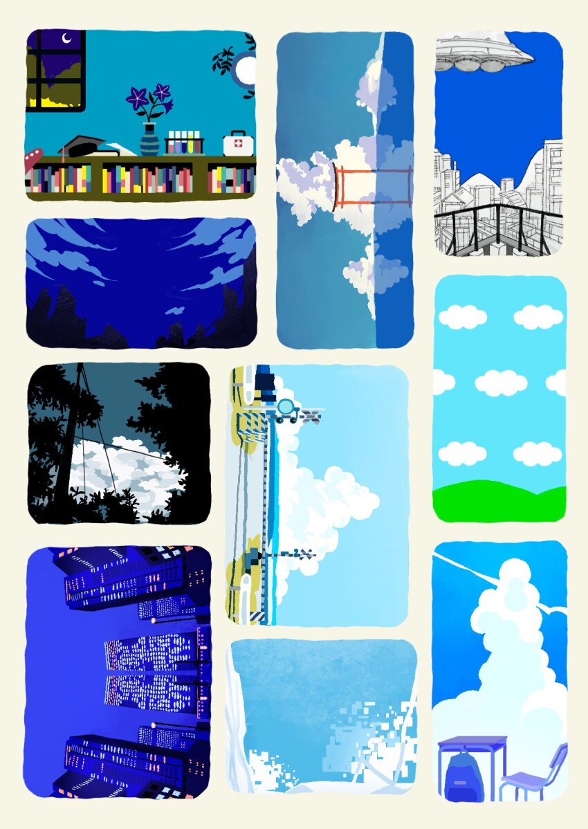 8.32_(vocaloid), alice_in_reitouko_(vocaloid), backpack, bag, blue_theme, bookshelf, border, building