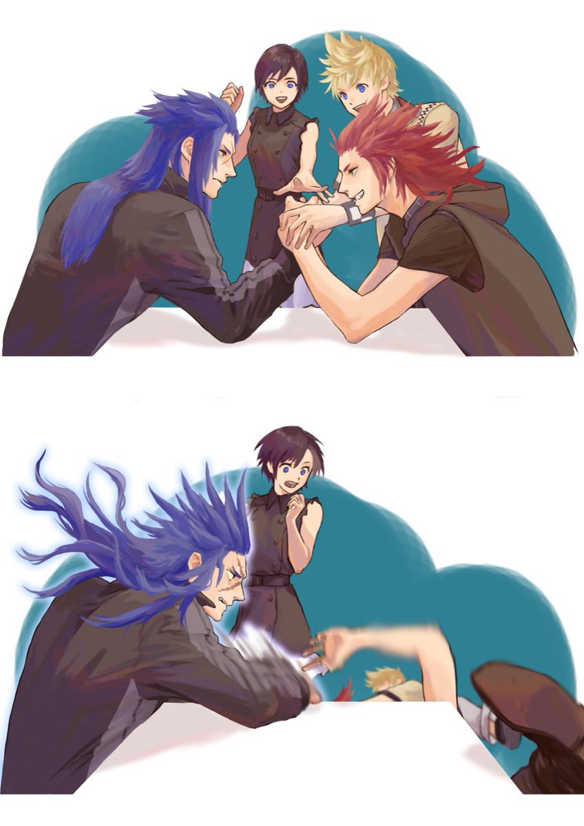 1girl, 3boys, arm_up, arm_wrestling, axel_(kingdom_hearts), belt, black_belt, black_dress