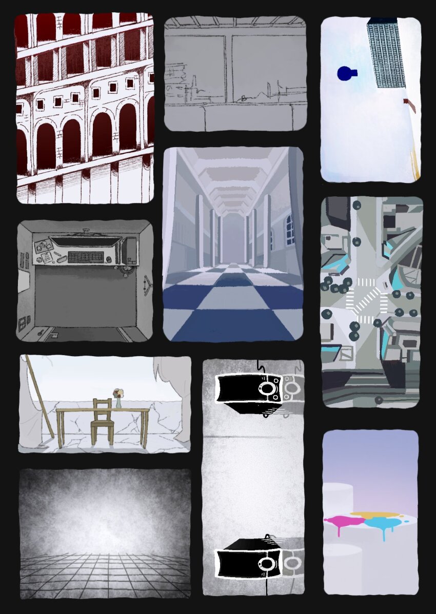 babel_(utau), black_border, border, building, chair, check_copyright, checkered_floor, collage