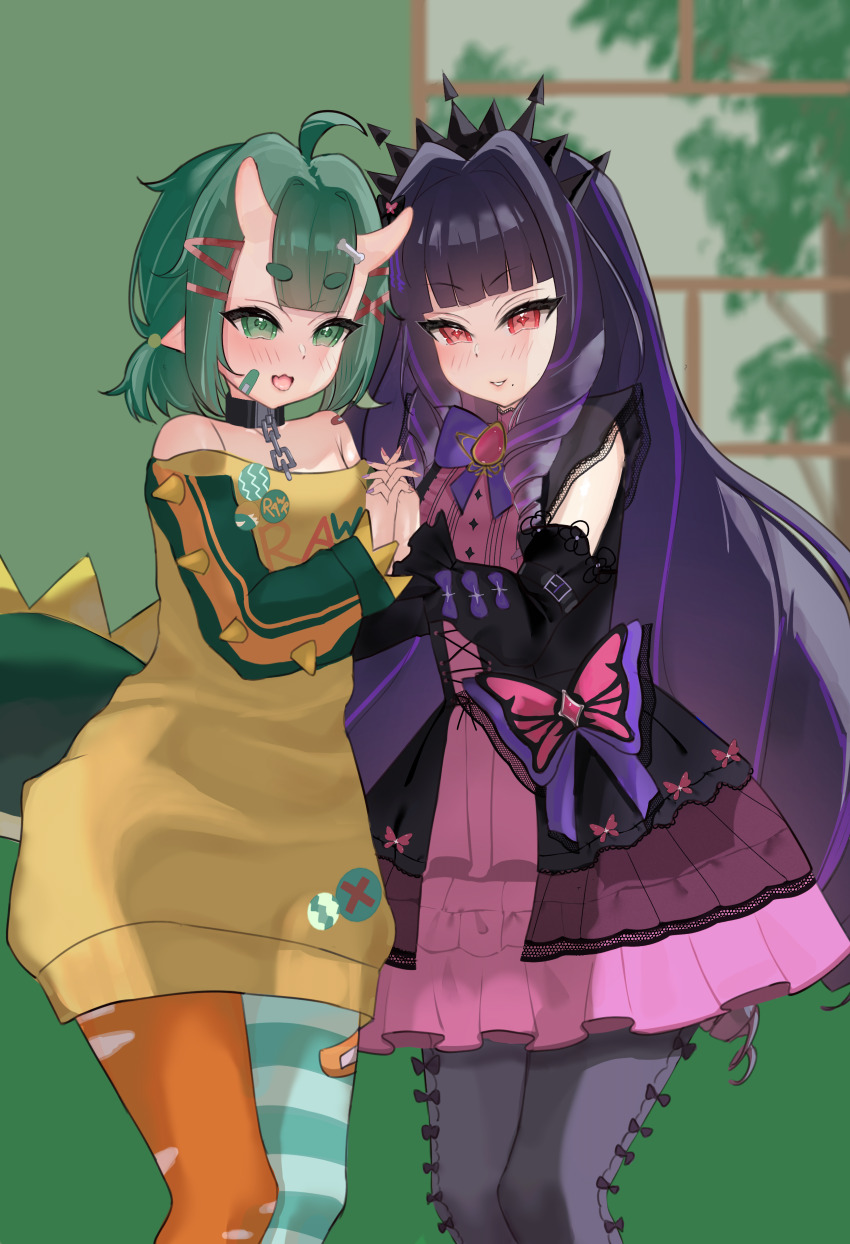 2girls, absurdres, ahoge, arisu_oshiro, asymmetrical_legwear, bow, bug, butterfly