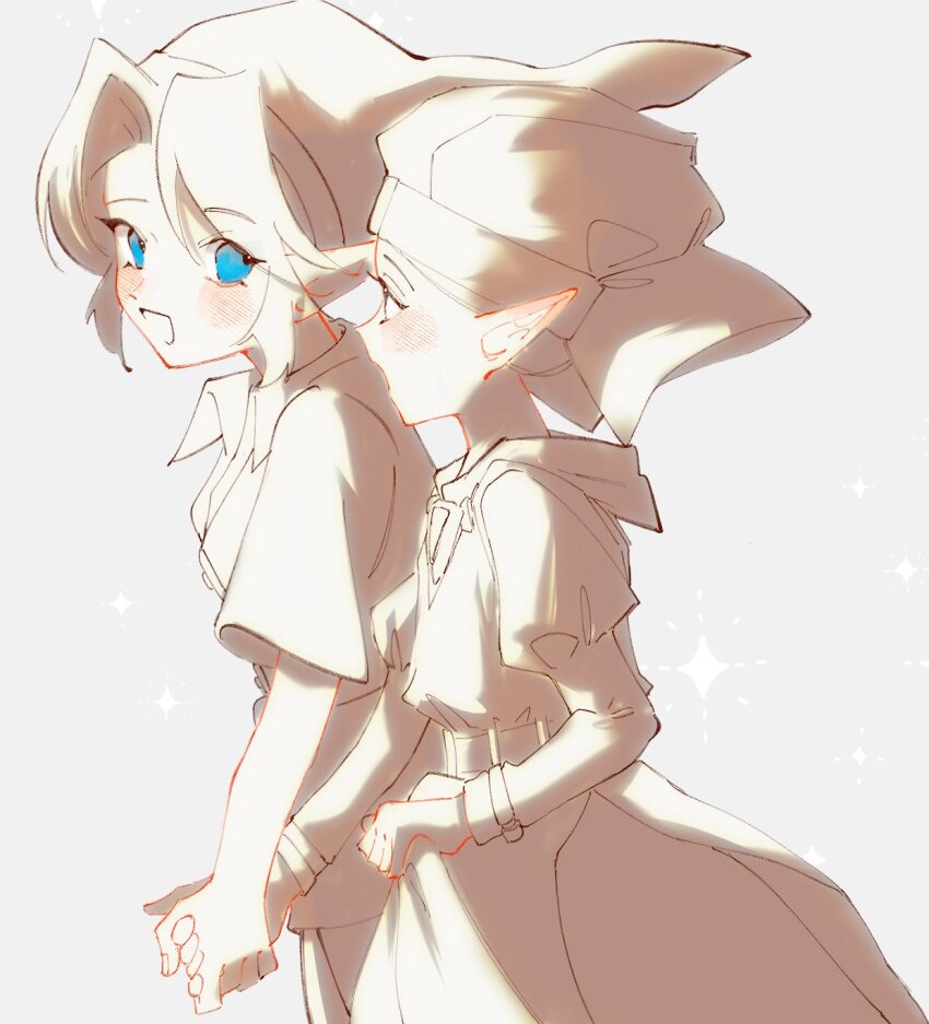 1boy, 1girl, blue_eyes, blush, commentary_request, cowboy_shot, dress, ear_blush