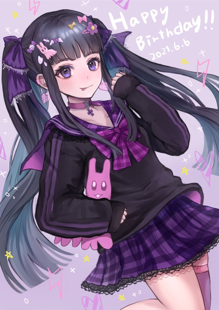 1girl, :p, alternate_costume, alternate_hairstyle, asatsuyu, black_hair, black_shirt, blunt_bangs