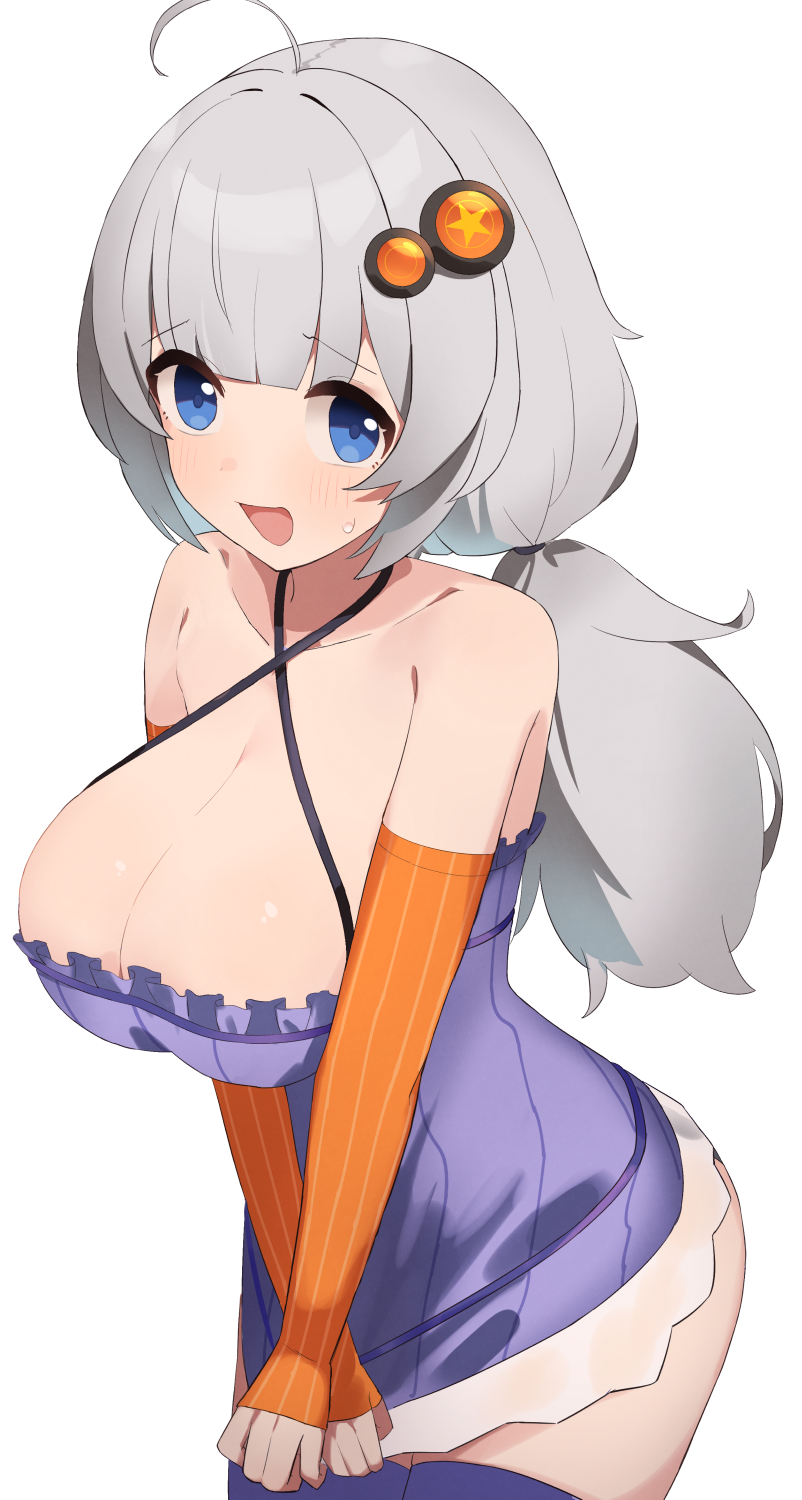 1girl, ahoge, bare_shoulders, blue_eyes, blush, breasts, cleavage, cosplay