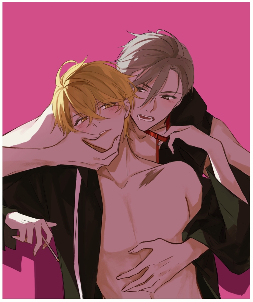 2boys, absurdres, asymmetrical_bangs, between_fingers, black_shirt, blonde_hair, blush, border