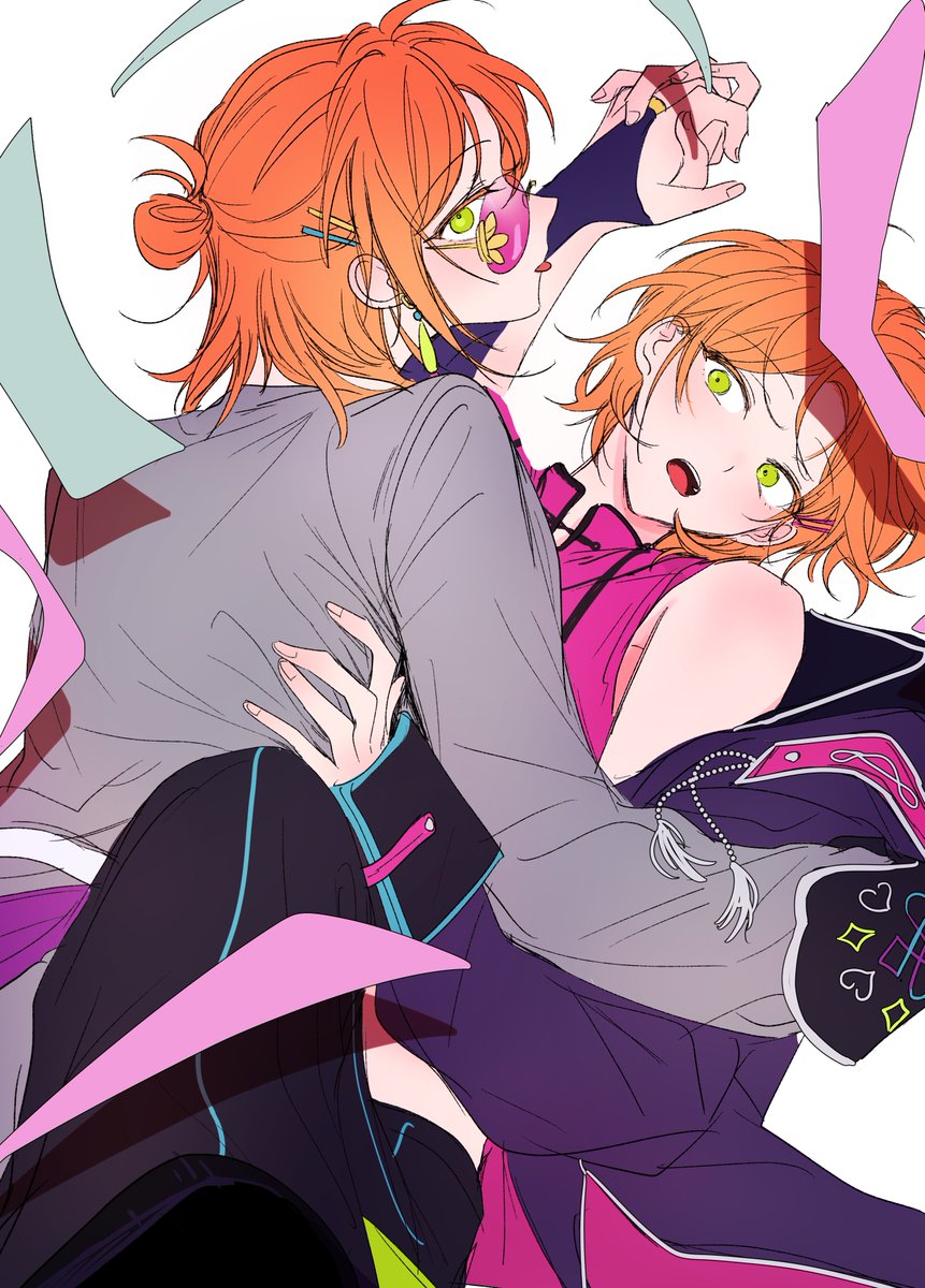 2boys, :p, black_bridal_gauntlets, bridal_gauntlets, cowboy_shot, ensemble_stars!, green_eyes, grey_jacket, hair_rings, hair_spread_out, half_updo, highres, holding_hands, incest, invisible_floor, jacket, jewelry, knee_up, looking_at_another, looking_back, male_focus, mandarin_collar, medium_hair, multiple_boys, on_floor, orange_hair, pink-framed_eyewear, pink_shirt, ring, rndcod, shirt, siblings, simple_background, single_hair_ring, sleeveless, sleeveless_shirt, teeth, tongue, tongue_out, trap, twins, upper_teeth_only, white_background, yaoi