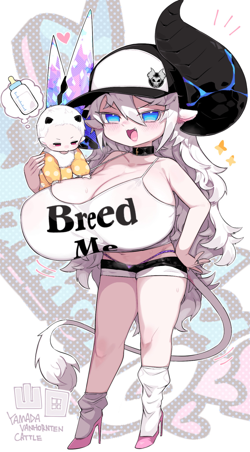 1girl, animal_ears, asymmetrical_horns, baby, baseball_cap, black_horns, blue_eyes, breasts, broken_horn, camisole, choker, cow_ears, cow_girl, cow_horns, cow_tail, crystal, crystal_horns, fang, hair_between_eyes, hat, high_heels, highres, horns, huge_breasts, huge_horns, long_hair, loose_socks, mato_tsuyoi, mismatched_horns, mother_and_child, navel, opal_(gemstone), oppai_loli, original, parent_and_child, short_shorts, shorts, socks, tail, thong, white_camisole, white_hair, yamada_vanhouten_(mato_tsuyoi)
