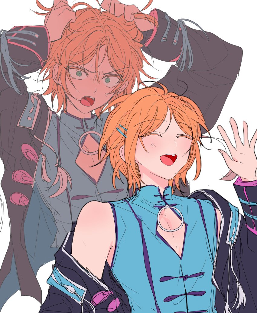 2boys, ^_^, absurdres, aoi_yuta, behind_another, bishounen, cleavage_cutout, closed_eyes