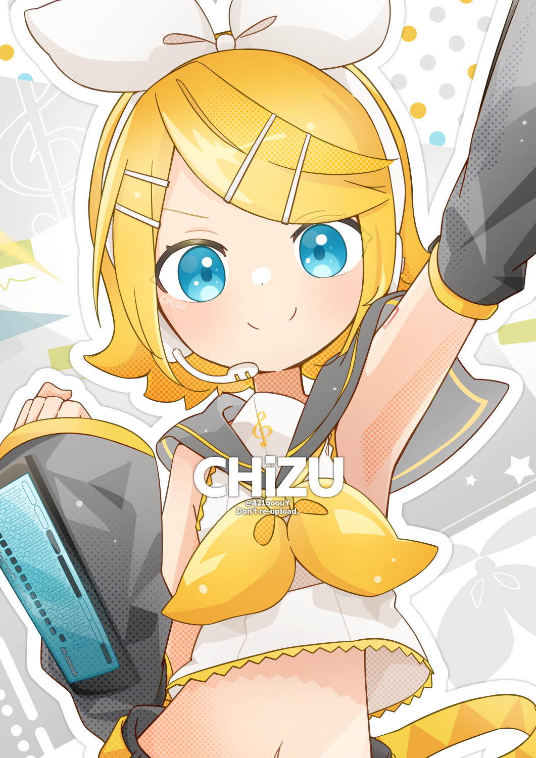 1girl, arm_up, artist_name, bare_shoulders, belt, blonde_hair, blue_eyes, bow, chizu_(421ooouy), clenched_hand, crop_top, detached_sleeves, grey_sailor_collar, grey_shorts, grey_sleeves, hair_bow, hair_ornament, hairclip, halftone, headphones, headset, highres, kagamine_rin, looking_at_viewer, midriff, navel, sailor_collar, shirt, short_hair, shorts, sleeveless, sleeveless_shirt, smile, solo, swept_bangs, treble_clef, upper_body, vocaloid, white_bow, wide_sleeves, yellow_belt