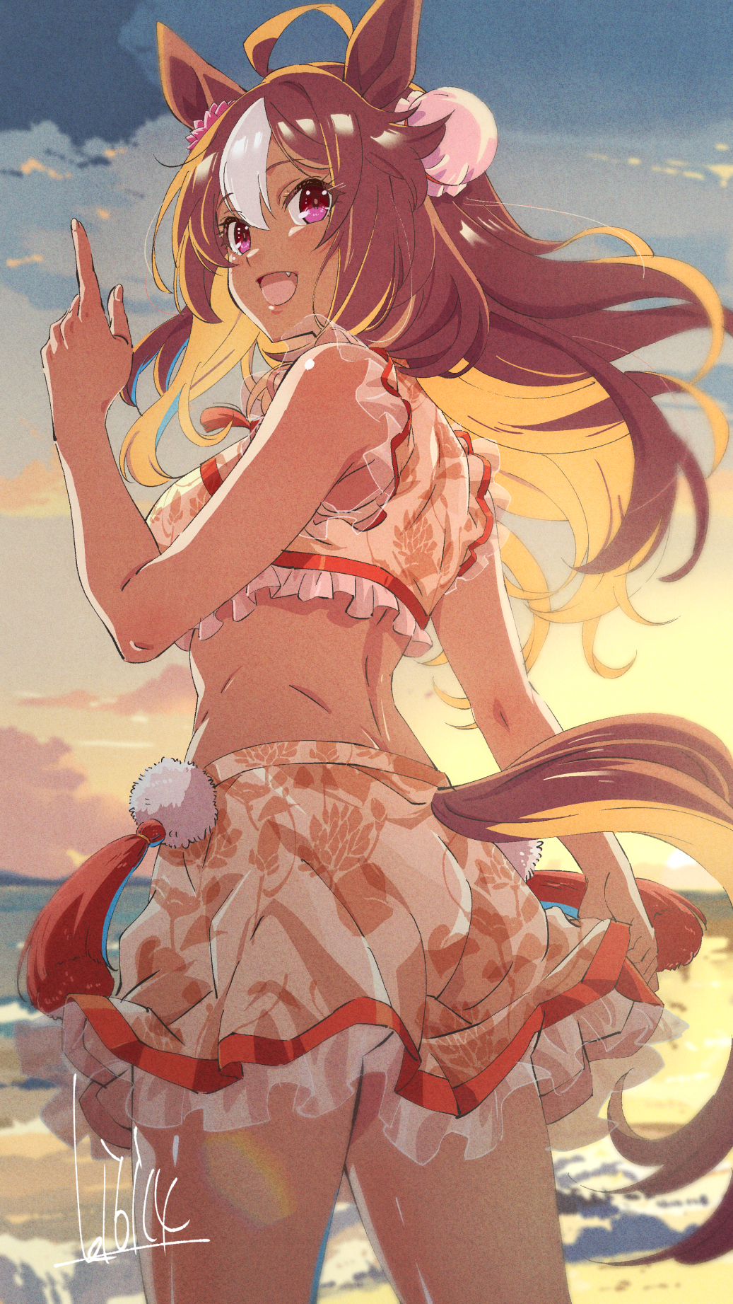 1girl, ahoge, alternate_costume, animal_ears, ass, bikini, brown_hair, clothing_cutout