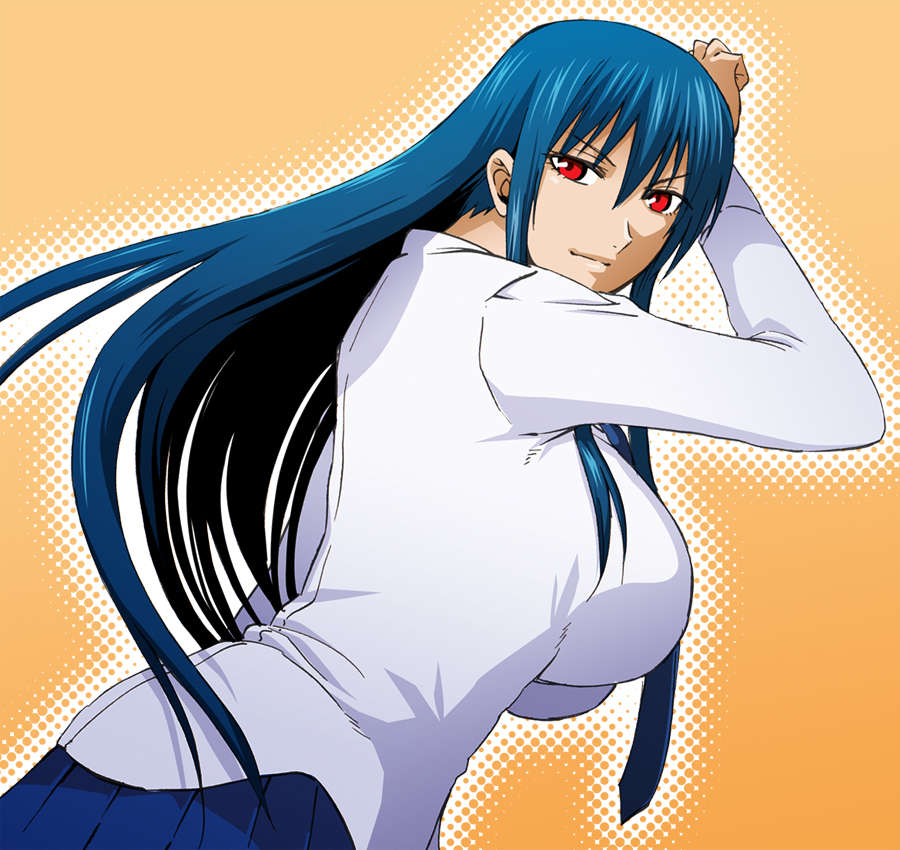 1girl, blue_hair, breasts, diamond_cut_diamond, female_focus, from_side, huge_breasts, long_hair