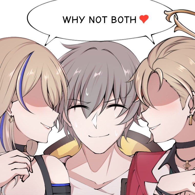 1boy, 2girls, ^_^, blonde_hair, blue_hair, caelus_(honkai:_star_rail), centauri-d, choker