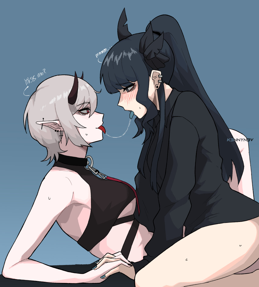 2girls, absurdres, after_kiss, artemis_of_the_blue, artist_name, atelier_live, black_horns, black_nails