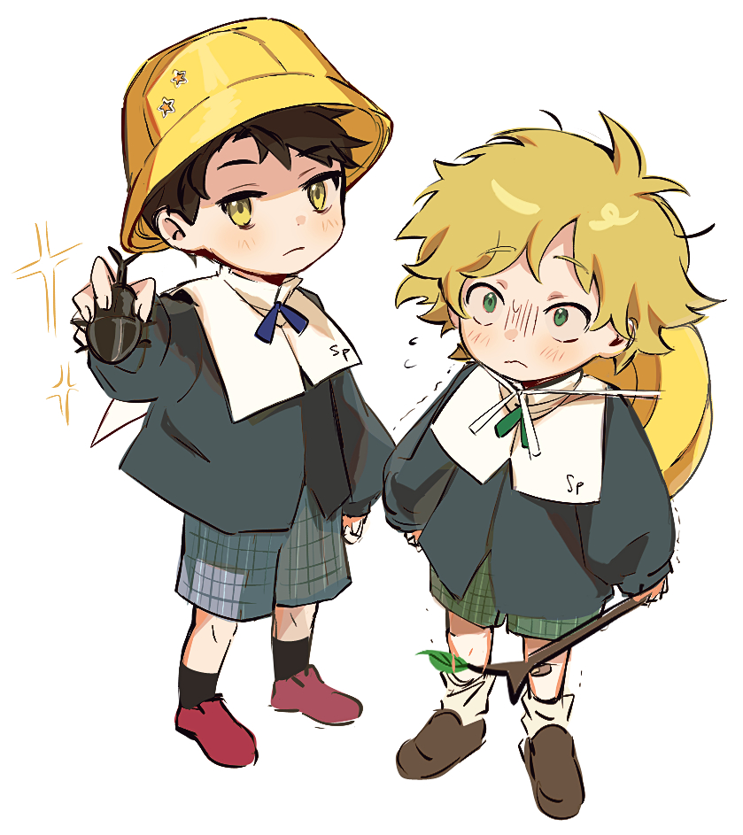 2boys, :<, aged_down, animification, black_hair, blonde_hair, bug, child, commentary, constricted_pupils, craig_tucker, english_commentary, flying_sweatdrops, full_body, green_eyes, hat, hat_on_back, holding, holding_stick, long_sleeves, male_focus, multiple_boys, plaid_clothes, plaid_shorts, rhinoceros_beetle, school_hat, school_uniform, shorts, socks, south_park, stick, sweat, trembling, tweek_tweak, yellow_eyes, yun70