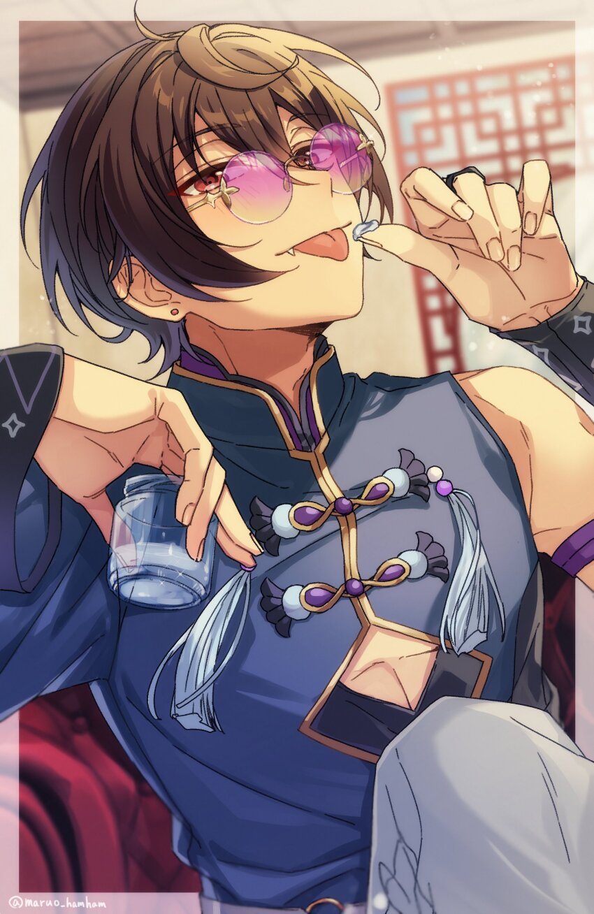 1boy, :p, absurdres, architecture, bishounen, border, chinese_clothes, clothing_cutout, cup, cutout_above_navel, day, diamond_cutout, earrings, east_asian_architecture, ensemble_stars!, fang, fang_out, glass, hands_up, highres, holding, holding_cup, indoors, jewelry, knee_up, licking, licking_finger, licking_own_finger, male_focus, maruo_hamham, official_style, outside_border, pink-tinted_eyewear, round_eyewear, sakuma_ritsu, sideways_glance, sitting, solo, stud_earrings, sunglasses, tinted_eyewear, tongue, tongue_out, transparent_border, upper_body