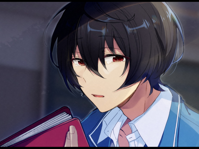 1boy, bishounen, blurry, blurry_background, book, classroom, close-up, commentary_request