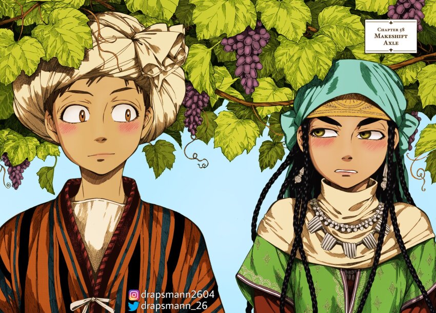 1boy, 1girl, artist_name, black_hair, blush, brown_hair, drapsmann_2604, ear_piercing