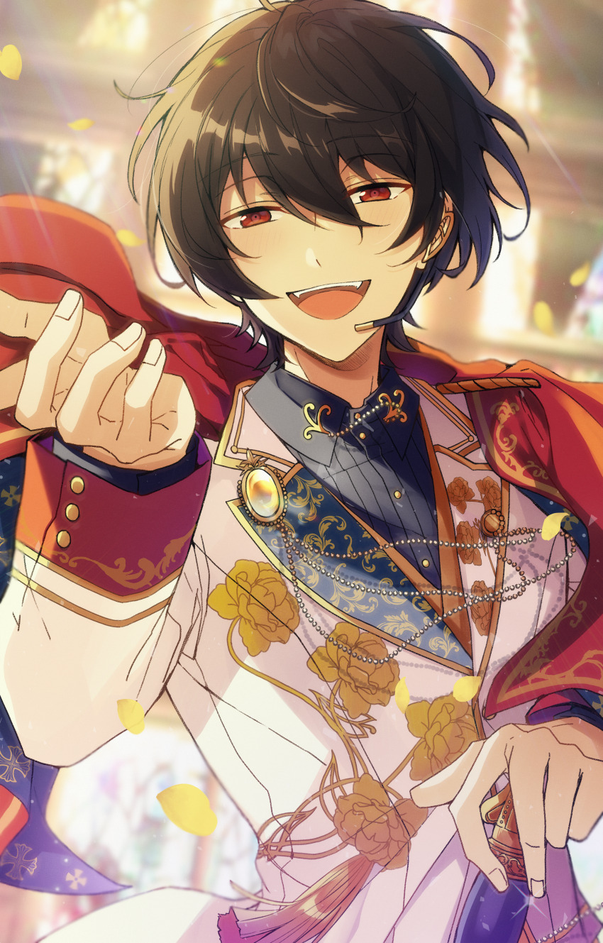 1boy, :d, absurdres, bishounen, black_hair, blurry, blurry_background, day, ensemble_stars!, falling_petals, hand_up, headset, highres, idol_clothes, looking_at_viewer, male_focus, maruo_hamham, official_style, open_mouth, petals, red_eyes, sakuma_ritsu, smile, solo, sunlight, teeth, tongue, upper_body, upper_teeth_only, yellow_petals