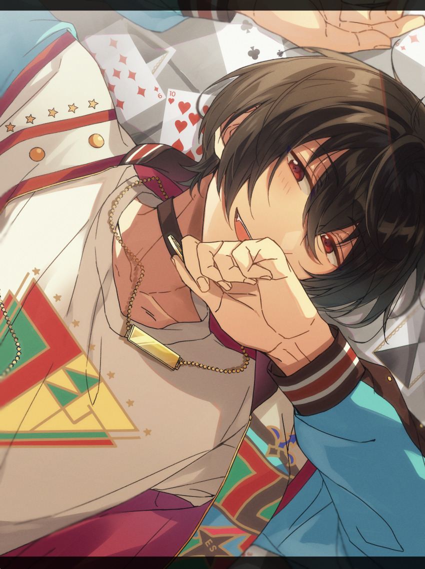 1boy, absurdres, arm_up, bishounen, black_hair, bloom, card, close-up
