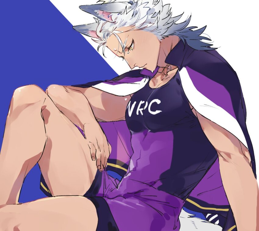 1boy, animal_ears, blue_background, commentary_request, grey_hair, jack_howl, jack_howl_(track_jersey), jacket, jacket_on_shoulders, knee_up, male_focus, medium_hair, purple_jacket, shi646, shorts, simple_background, sitting, solo, sportswear, sweat, tail, toned, toned_male, twisted_wonderland, wolf_boy, wolf_ears, wolf_tail, yellow_eyes
