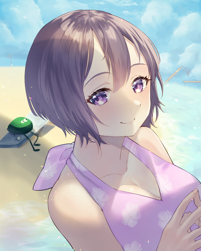 1girl, beach, black_hair, blue_sky, blurry, blurry_background, breasts, cleavage, cloud, dress, flag, highres, imomushi_(pixiv_13874680), looking_at_viewer, minna_no_rhythm_tengoku, multiple_others, ocean, own_hands_together, pink_dress, rhythm_tengoku, robot-tachi, see-kun_and_saw-kun, senpai_(rhythm_tengoku), short_hair, sitting, sky, sleeveless, smile, sundress, tied_dress