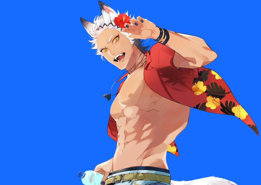1boy, abs, animal_ear_fluff, animal_ears, blue_background, bottle, commentary_request, fangs