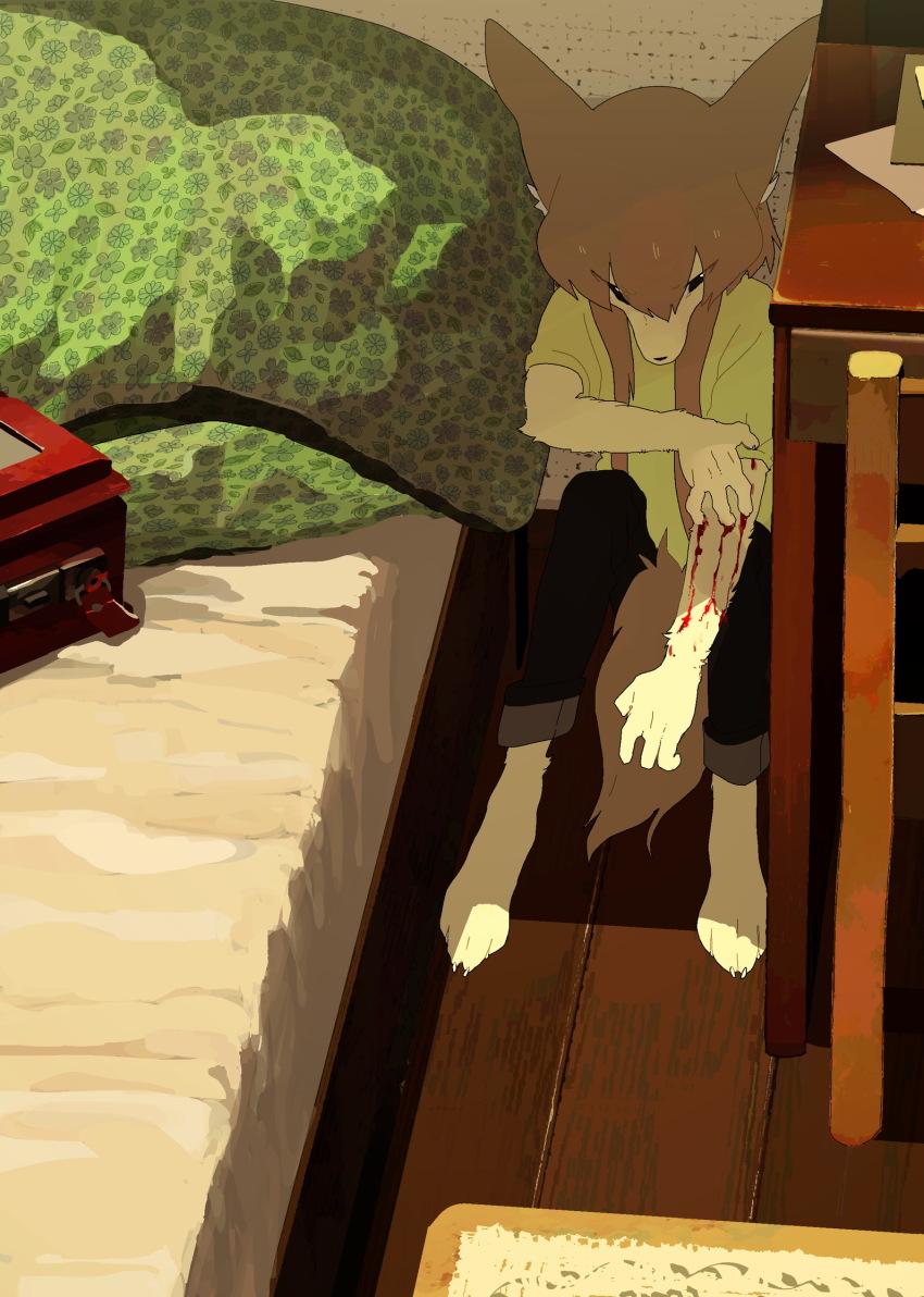 1girl, animal_ear_fluff, animal_ears, barefoot, bed, bedroom, black_eyes, black_pants