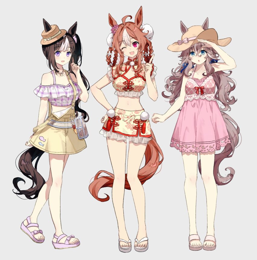 3girls, ahoge, animal_ears, black_hair, breasts, brown_hair, copano_rickey_(lucky_summertime)_(umamusume), copano_rickey_(umamusume)