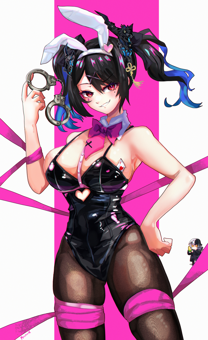 2girls, absurdres, ace_(playing_card), ace_of_hearts, animal_ear_hairband, animal_ears, black_leotard, black_pantyhose