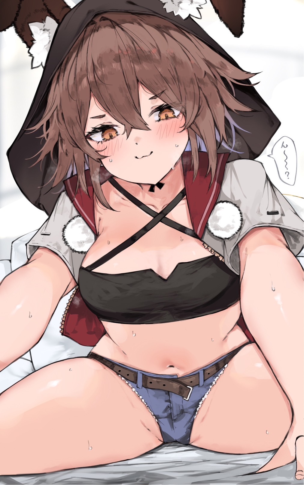 1girl, :3, animal_ears, arknights, barefoot, blue_shorts, blush, breasts