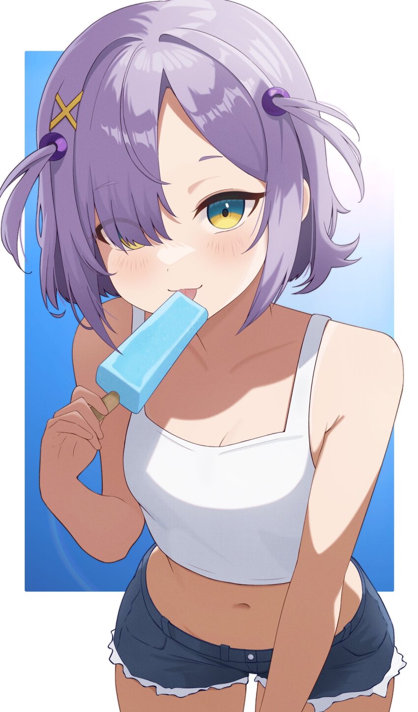 1girl, blue_eyes, blue_shorts, breasts, cleavage, collarbone, crop_top, eien_project