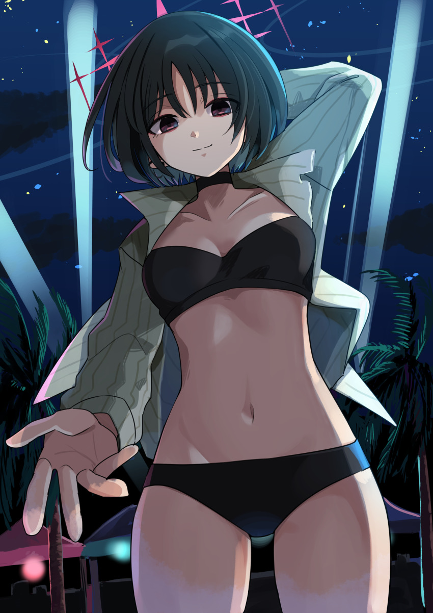 1girl, absurdres, bikini, black_bikini, black_choker, black_hair, blue_archive, choker