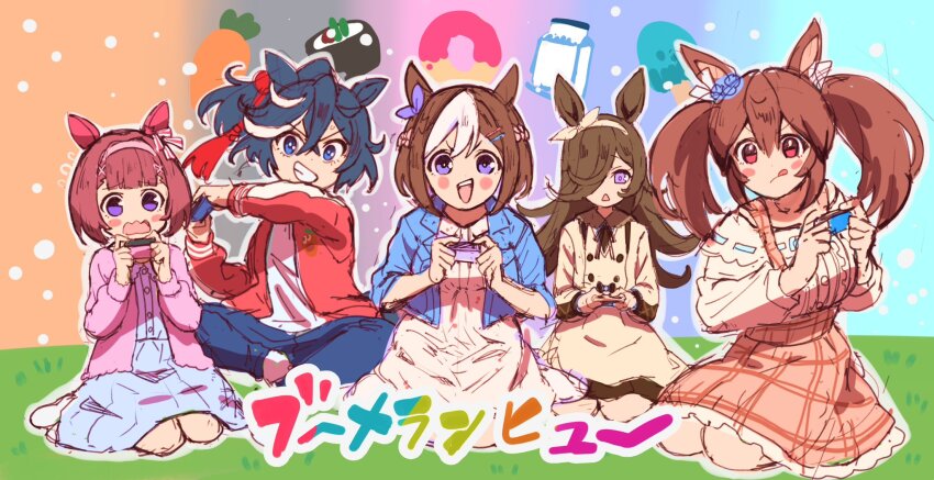 5girls, :d, animal_ears, black_hair, blue_eyes, blue_jacket, blue_pants, bob_cut