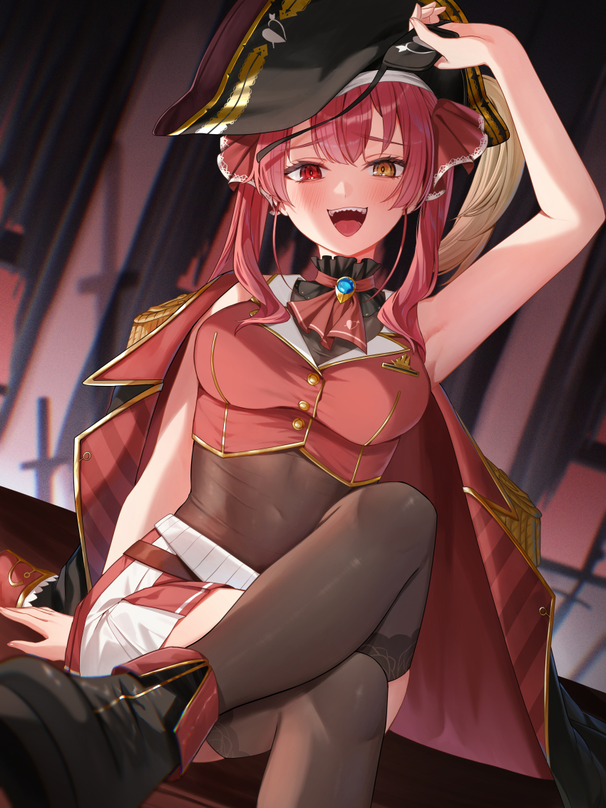 1girl, absurdres, arm_up, ascot, bicorne, black_footwear, black_hat, black_leotard, black_thighhighs, blurry, blurry_background, blush, breasts, commentary, dead_ma'am's_chest_(houshou_marine), eyepatch, eyepatch_lift, hat, heterochromia, highres, hololive, houshou_marine, houshou_marine_(1st_costume), jacket, jacket_on_shoulders, large_breasts, leotard, leotard_under_clothes, looking_at_viewer, open_mouth, pirate_hat, pleated_skirt, red_ascot, red_eyes, red_hair, red_vest, runlan_0329, sitting, skirt, solo, teeth, thighhighs, upper_teeth_only, vest, virtual_youtuber, yellow_eyes