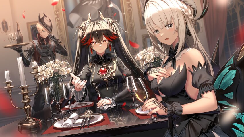 1boy, 2girls, bad_id, bad_twitter_id, bare_shoulders, black_coat, black_dress, black_hair