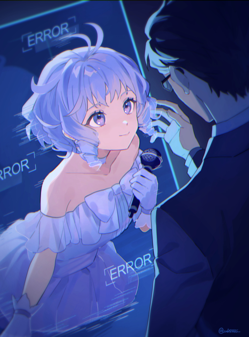 1boy, 1girl, bare_shoulders, bow, collarbone, dress, drill_hair, error_message