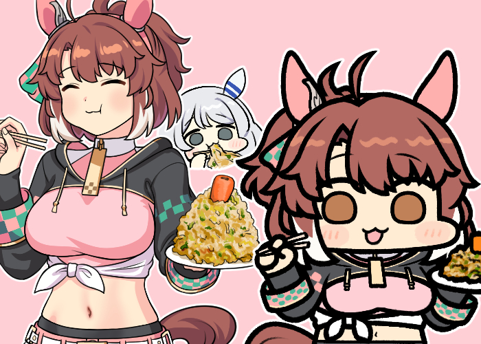 2girls, animal_ears, blush, breasts, brown_hair, closed_eyes, closed_mouth, commentary