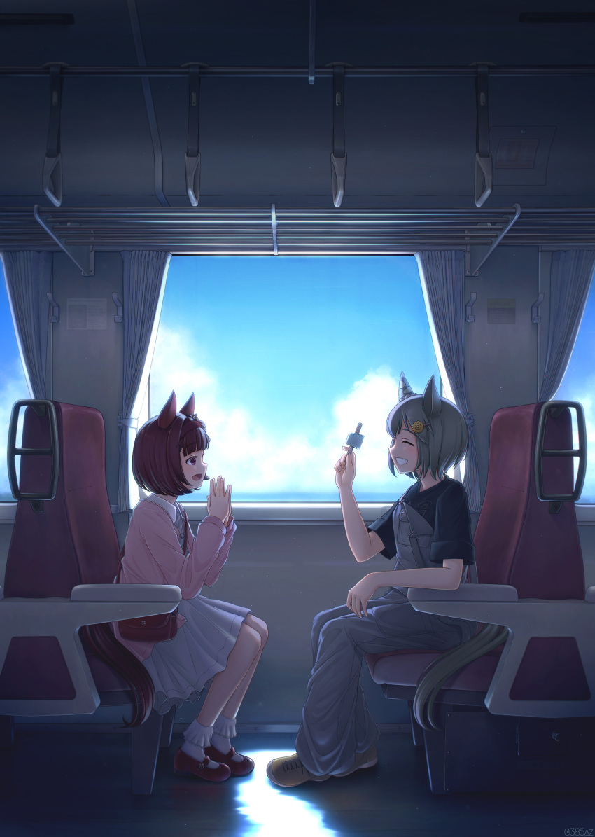 2girls, absurdres, animal_ears, black_shirt, blunt_bangs, brown_shoes, casual, dress