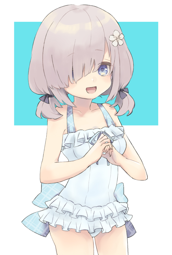 1girl, :d, bare_arms, bare_shoulders, blue_eyes, breasts, casual_one-piece_swimsuit, commentary_request