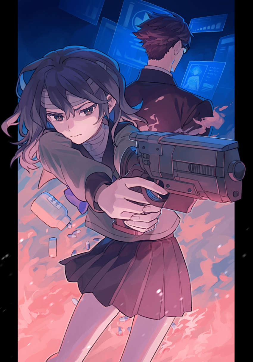 1boy, 1girl, aiming, bandaged_chest, bandaged_head, bandaged_neck, bandages, black_skirt