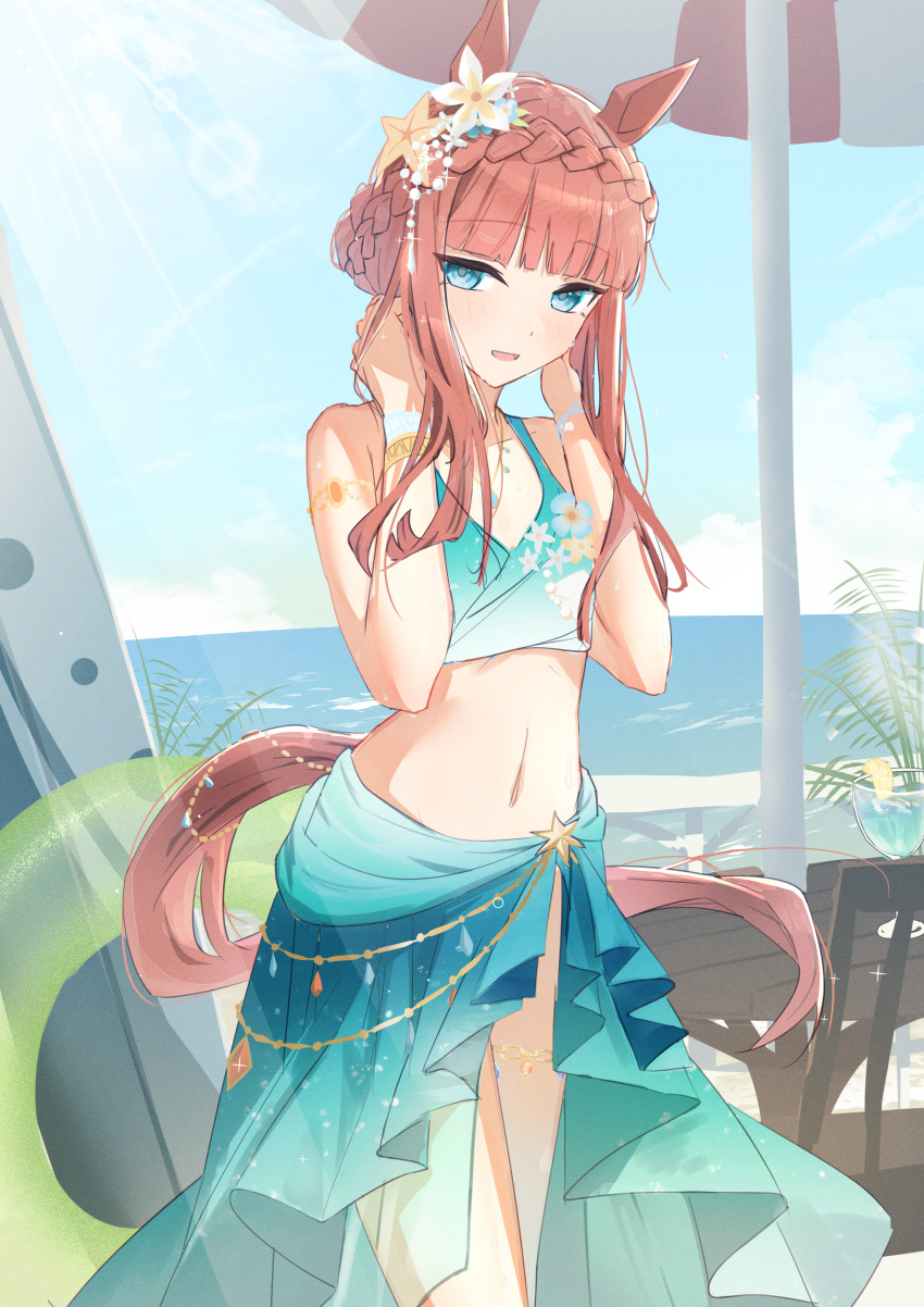 1girl, absurdres, animal_ears, aqua_bikini, aqua_eyes, aqua_sarong, bare_shoulders, bikini