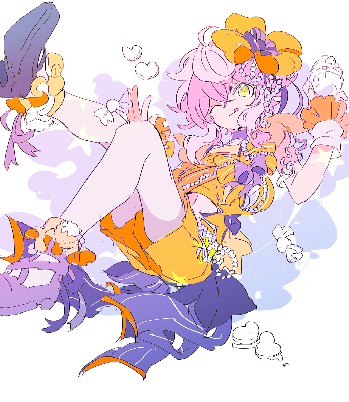 1boy, ;q, doodle_inset, ensemble_stars!, feet_out_of_frame, himemiya_tori, himemiya_tori_(party), holding, leaning_back, male_focus, midriff, navel, oihool, one_eye_closed, orange_shirt, orange_shorts, pantyhose, pink_hair, reclining, shirt, shorts, sleeveless, solo, tongue, tongue_out, trap, white_pantyhose