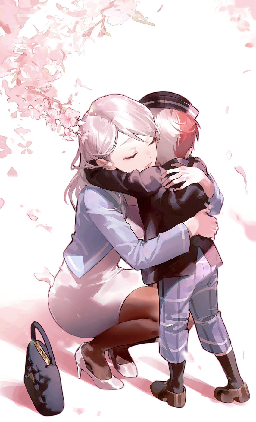 1boy, 1girl, aged_down, bag, boku_no_hero_academia, cherry_blossoms, child, closed_eyes