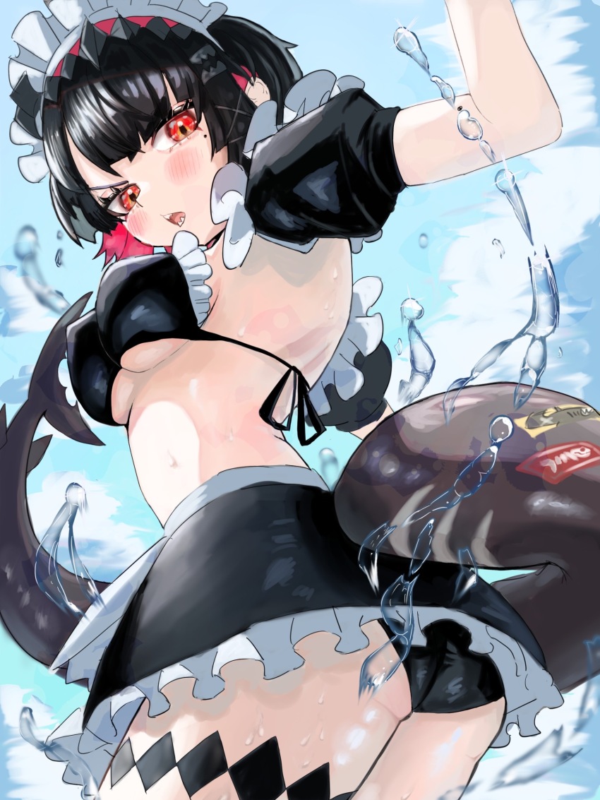 1girl, bikini, black_bikini, black_hair, blue_sky, blush, breasts, cloud