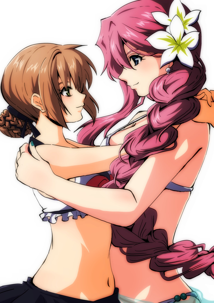2girls, akane_kazami, bikini, blue_eyes, braid, braided_bun, braided_ponytail, brown_hair