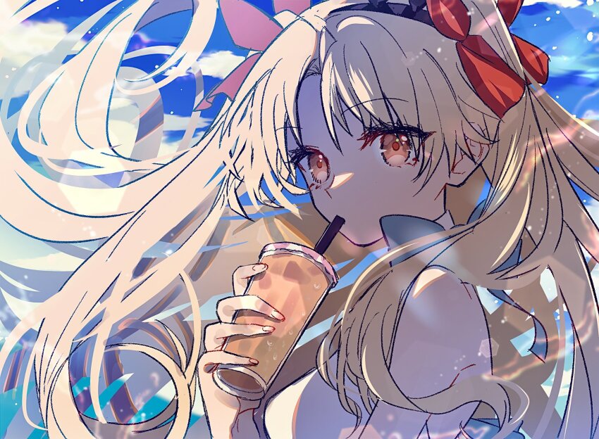 1girl, blonde_hair, blue_sky, bow, cloud, commentary_request, cup, day, disposable_cup, drinking, ereshkigal_(fate), fate/grand_order, fate_(series), fingernails, floating_hair, hair_bow, highres, holding, holding_cup, long_hair, official_alternate_costume, one-piece_swimsuit, outdoors, parted_bangs, red_bow, red_hair, ruko072, sky, solo, ereshkigal_(swimsuit_beast)_(fate), swimsuit, two_side_up, very_long_hair, white_one-piece_swimsuit