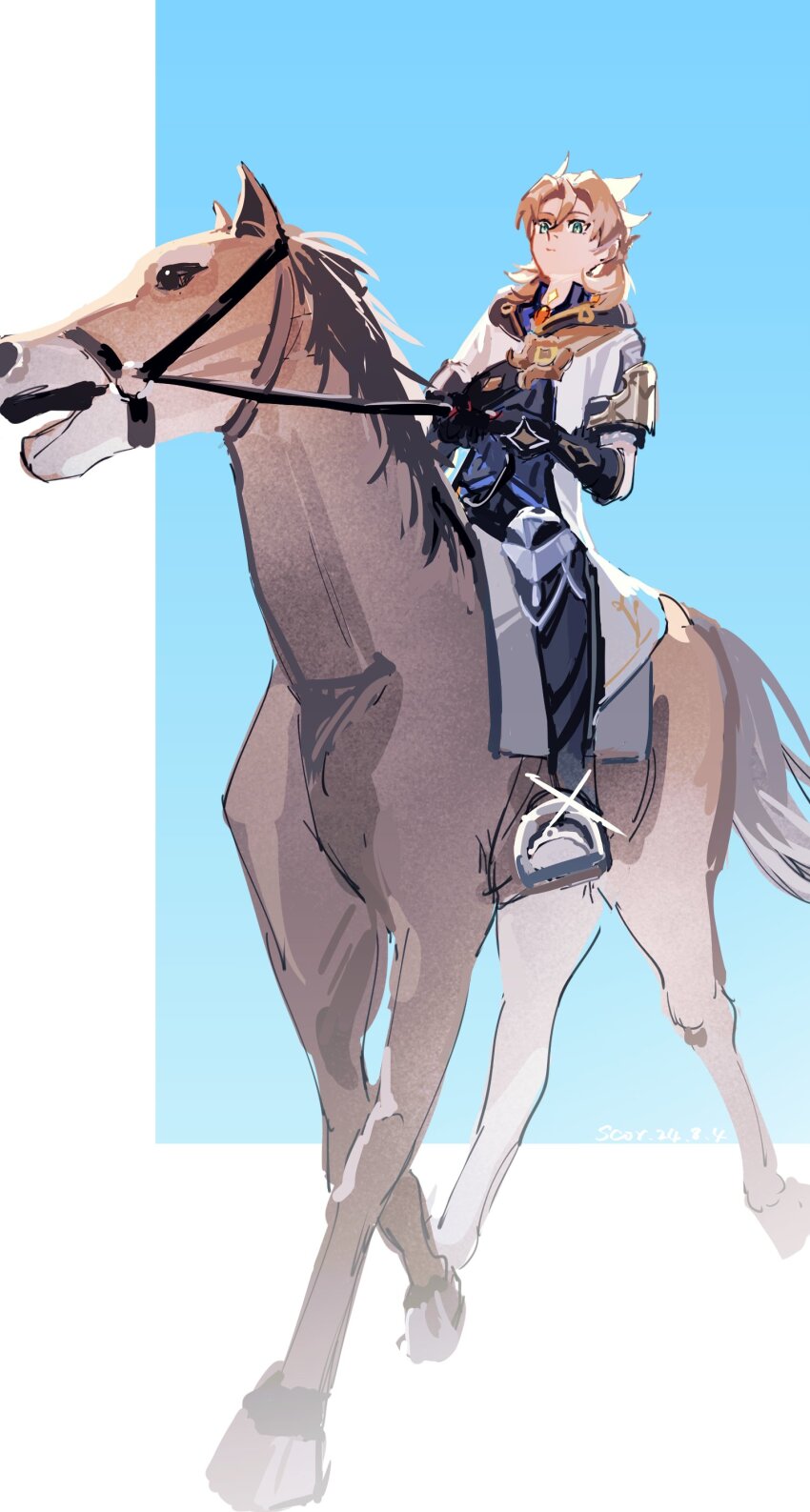 1boy, absurdres, albedo_(genshin_impact), animal, black_gloves, blonde_hair, from_below, full_body