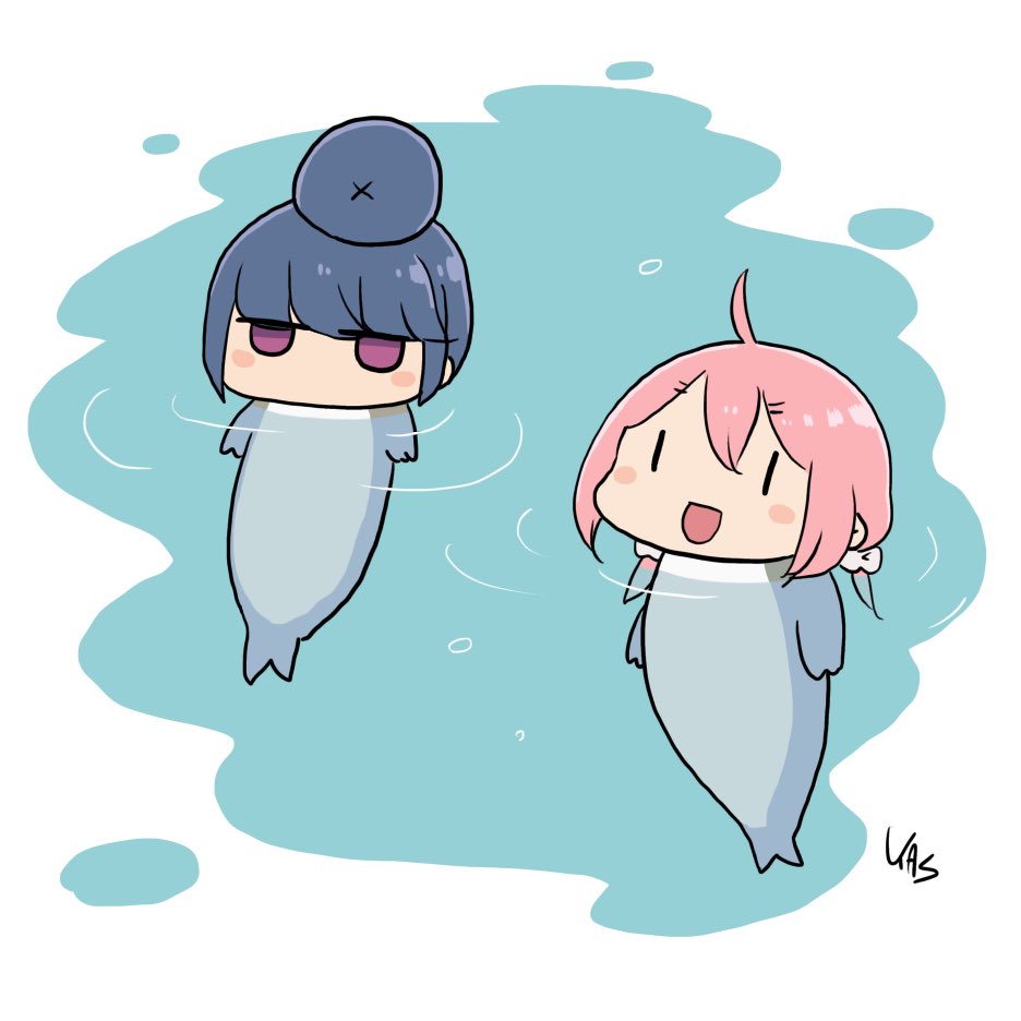 2girls, blue_hair, goma-chan, hair_bun, kagamihara_nadeshiko, long_hair, looking_at_viewer, multiple_girls