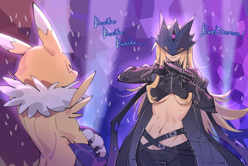 2girls, beelstarmon, black_coat, black_gloves, black_pants, blonde_hair, body_fur, breasts