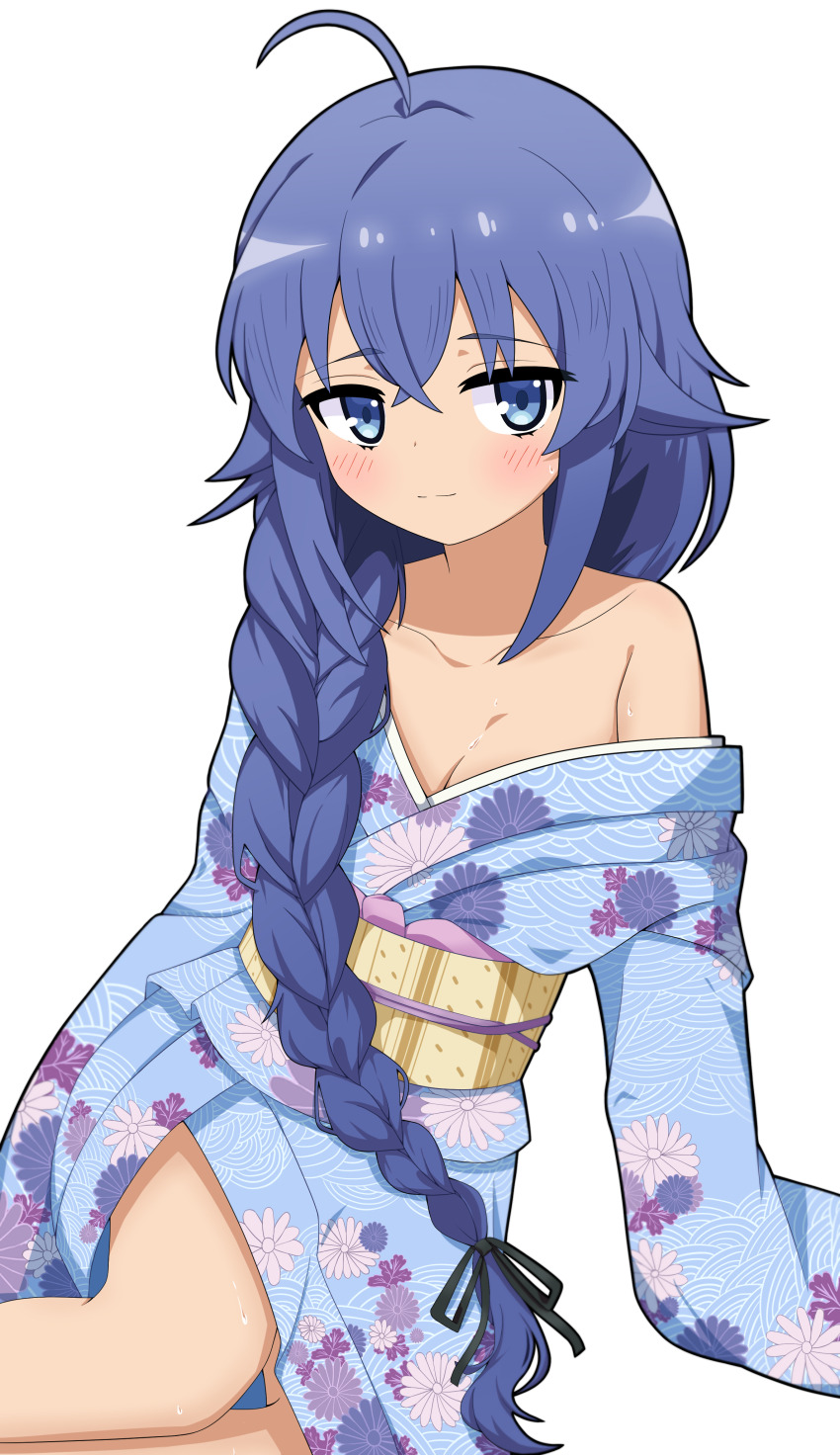 1girl, absurdres, ahoge, bare_shoulders, black_ribbon, blue_eyes, blue_hair, blue_kimono, blush, braid, breasts, cleavage, closed_mouth, collarbone, commentary_request, feet_out_of_frame, floral_print, hair_between_eyes, hair_flaps, hair_over_shoulder, hair_ribbon, highres, japanese_clothes, kimono, loli, long_hair, long_sleeves, mushoku_tensei, obi, off_shoulder, petite, print_kimono, ribbon, roxy_migurdia, sash, simple_background, single_braid, sitting, small_breasts, smile, solo, sprout_(haji_s), very_long_hair, white_background, yokozuwari