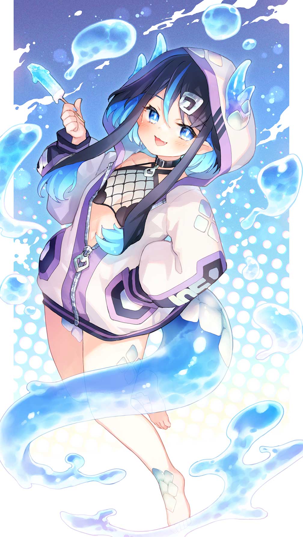 1girl, :d, bare_legs, barefoot, black_hair, blue_eyes, blue_hair, blush